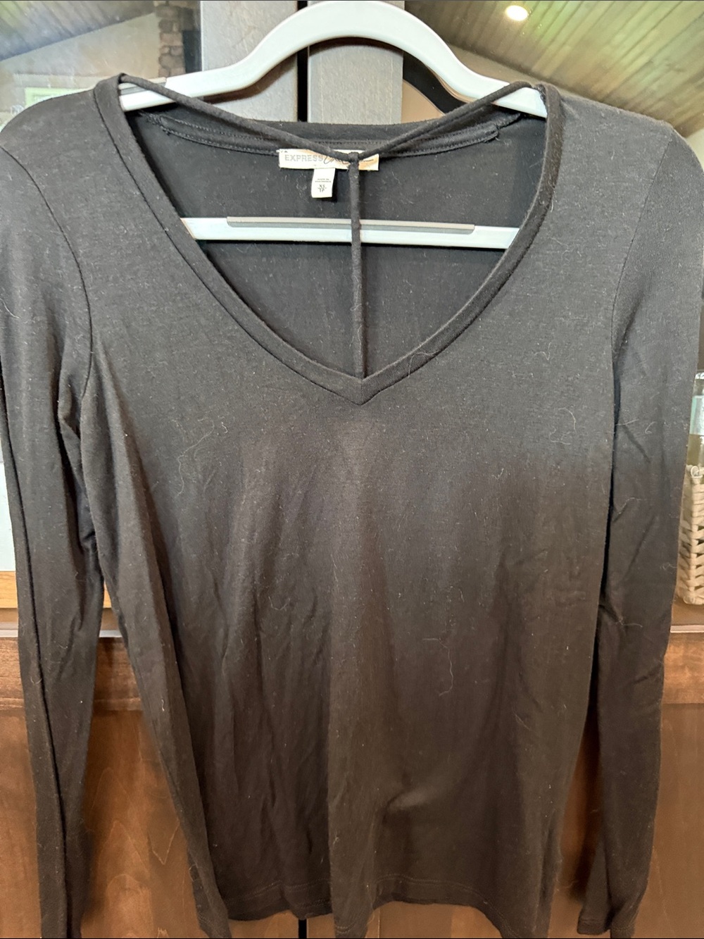Express Black V-Neck Long Sleeve Top with Back Tie Accent